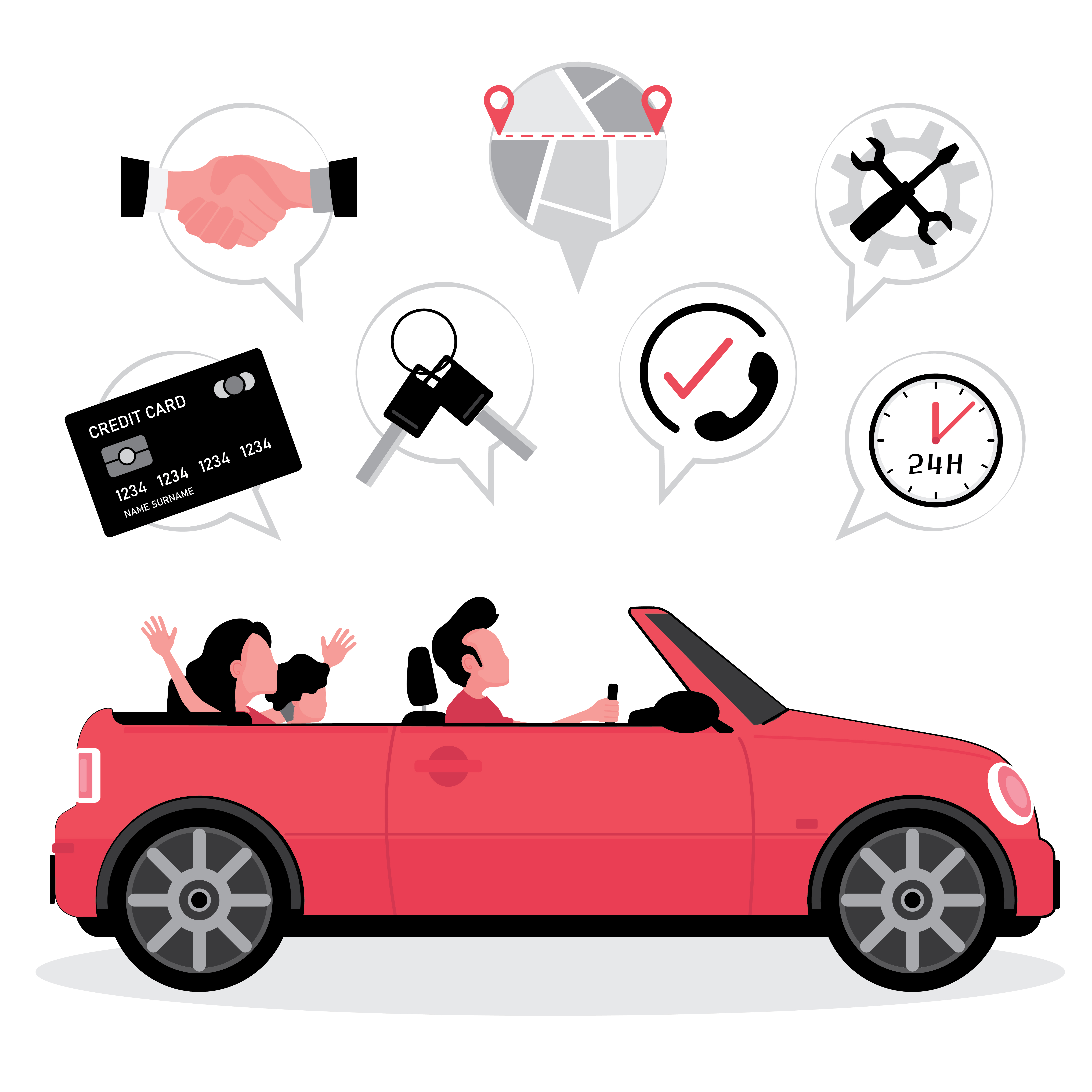 Family Driving Car with Icons of Credit Card, Keys, Map, Service 1267241 Vector Art at Vecteezy Family Driving Car with Icons of Credit Card, Keys, Map, Service 1267241 Vector Art at Vecteezy