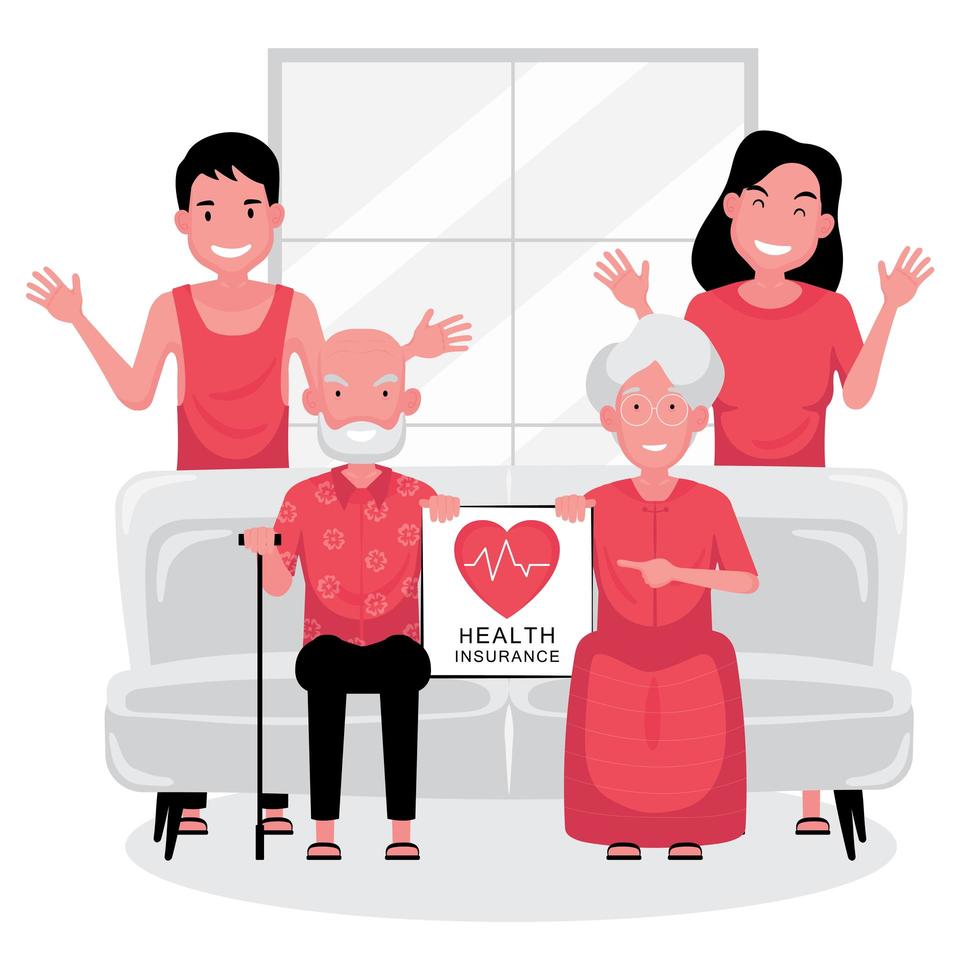Seguro de salud pareja de ancianos en el sofá, los jóvenes detrás vector