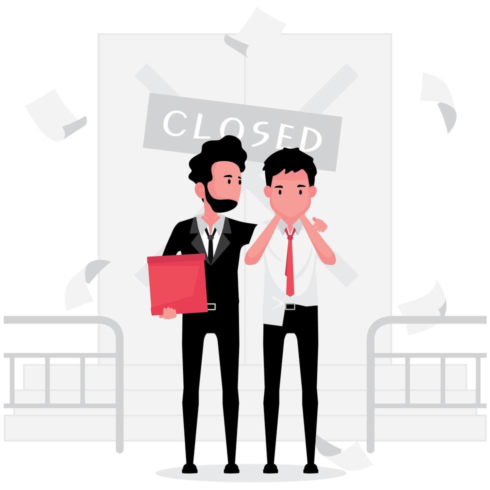 Unemployed Man in Front of Closed Company Doors vector