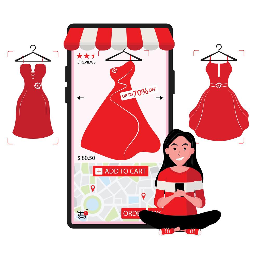 dama ordena vestido rojo a la venta en línea por teléfono móvil vector