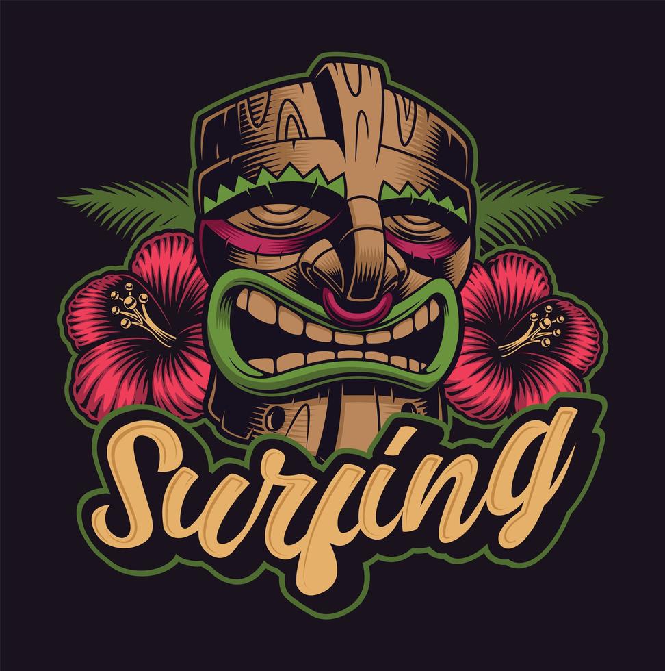 Tiki mask with surfing lettering vector