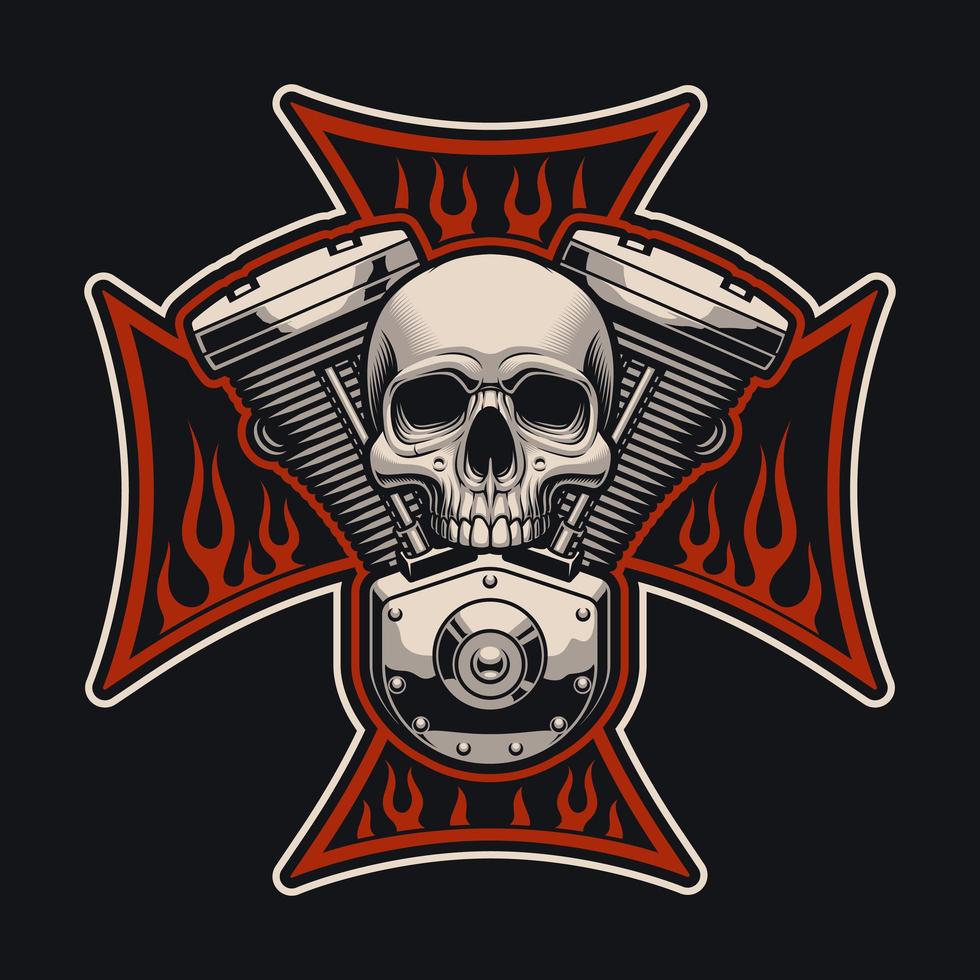 Biker's cross and skull with a motorcycle engine vector
