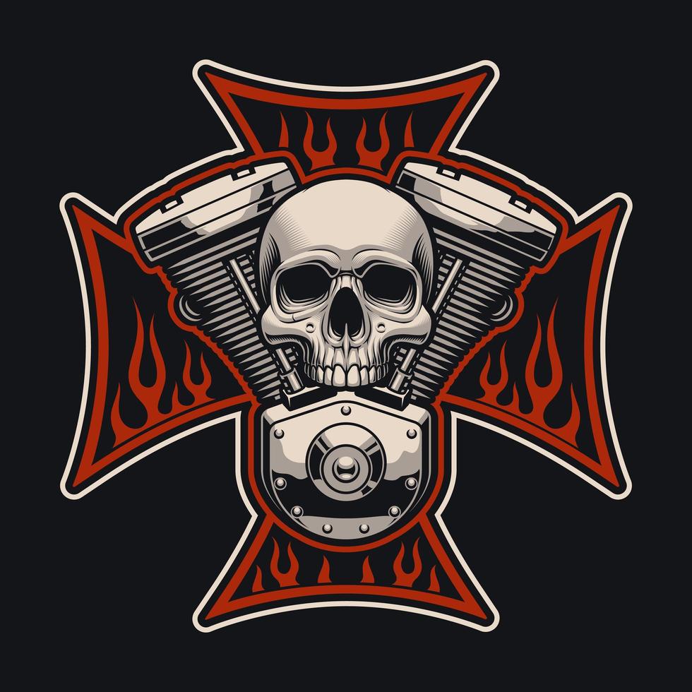 Cruz de motociclista y calavera con motor de motocicleta. vector