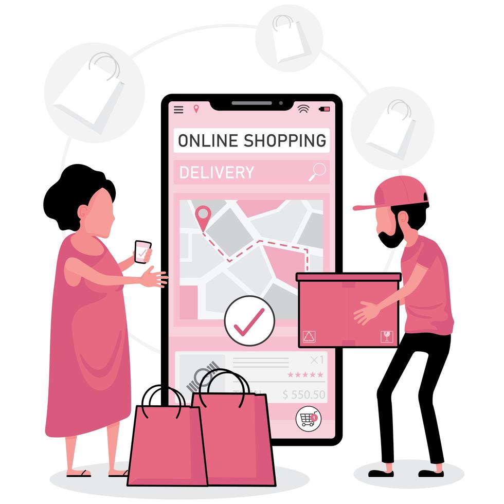 Lady ordering items from phone and having it delivered vector
