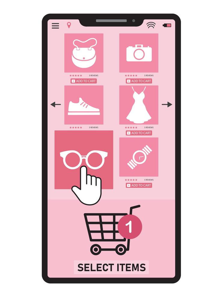 Pink phone screen with cursor picking items vector