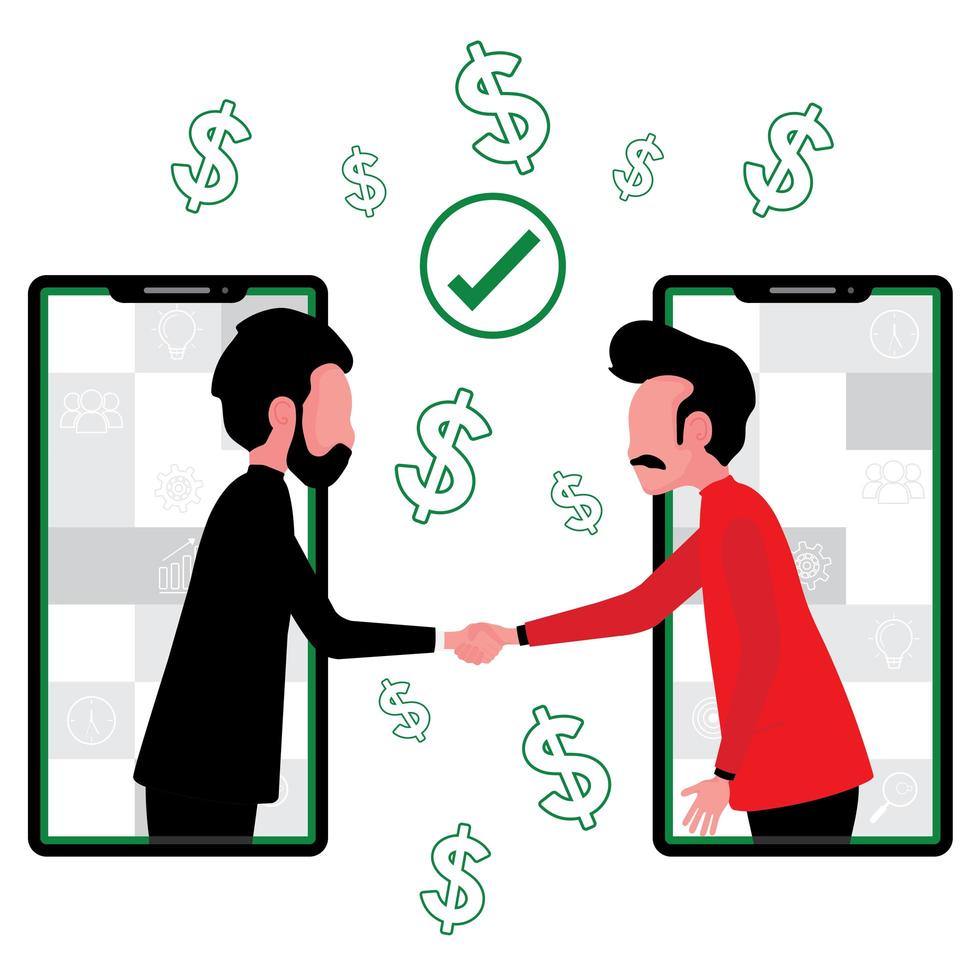 Two men in phones shake hands after agreeing on partnership vector