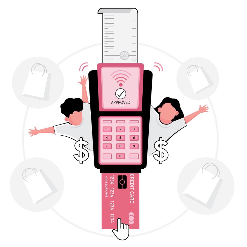 Checkout picture featuring pink credit card machine vector