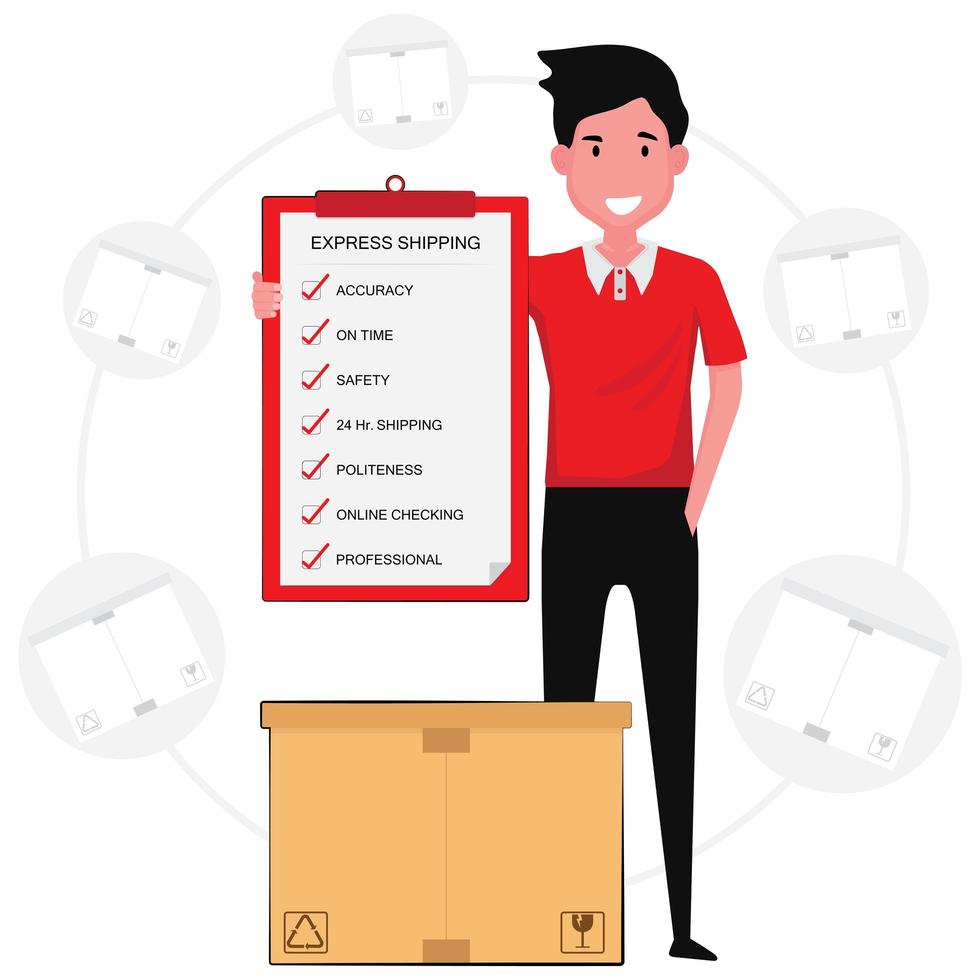 Man with package holding shipping policy clipboard vector