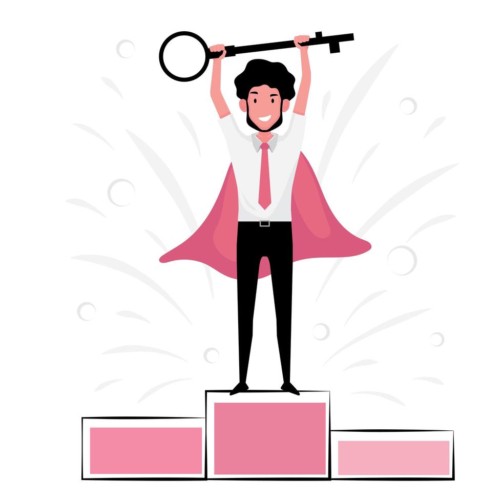 Man in cape standing on podium with success key vector