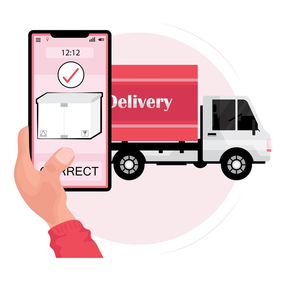 Hand holding phone with a package and delivery truck vector