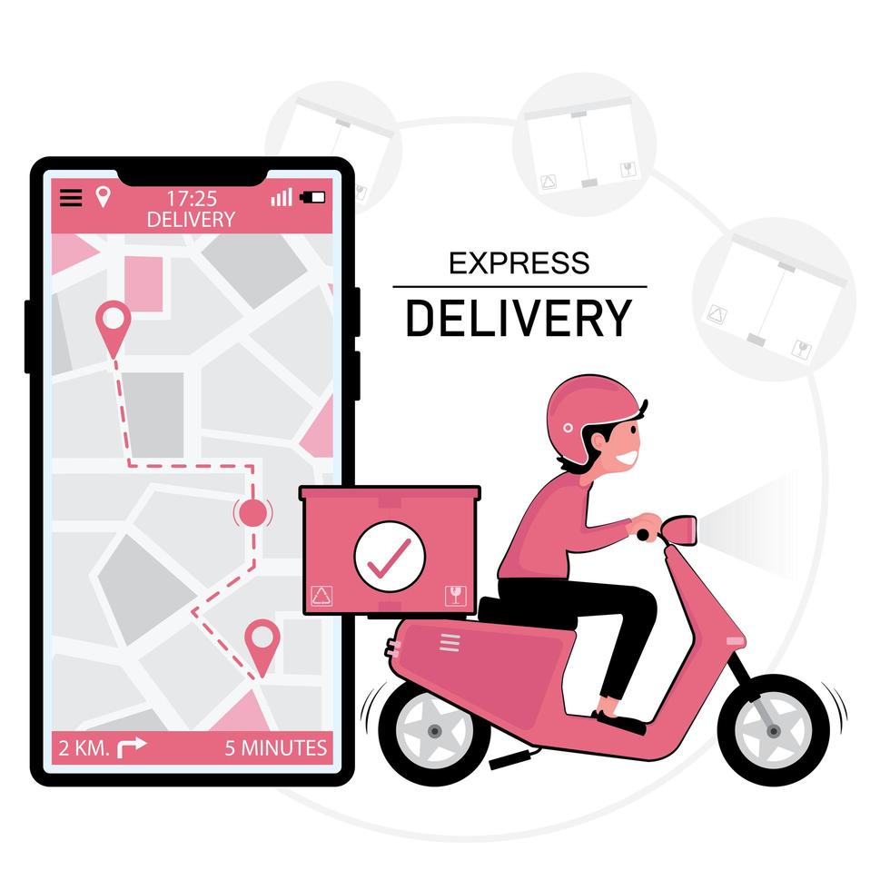 Scooter delivery man and smartphone with gps location vector