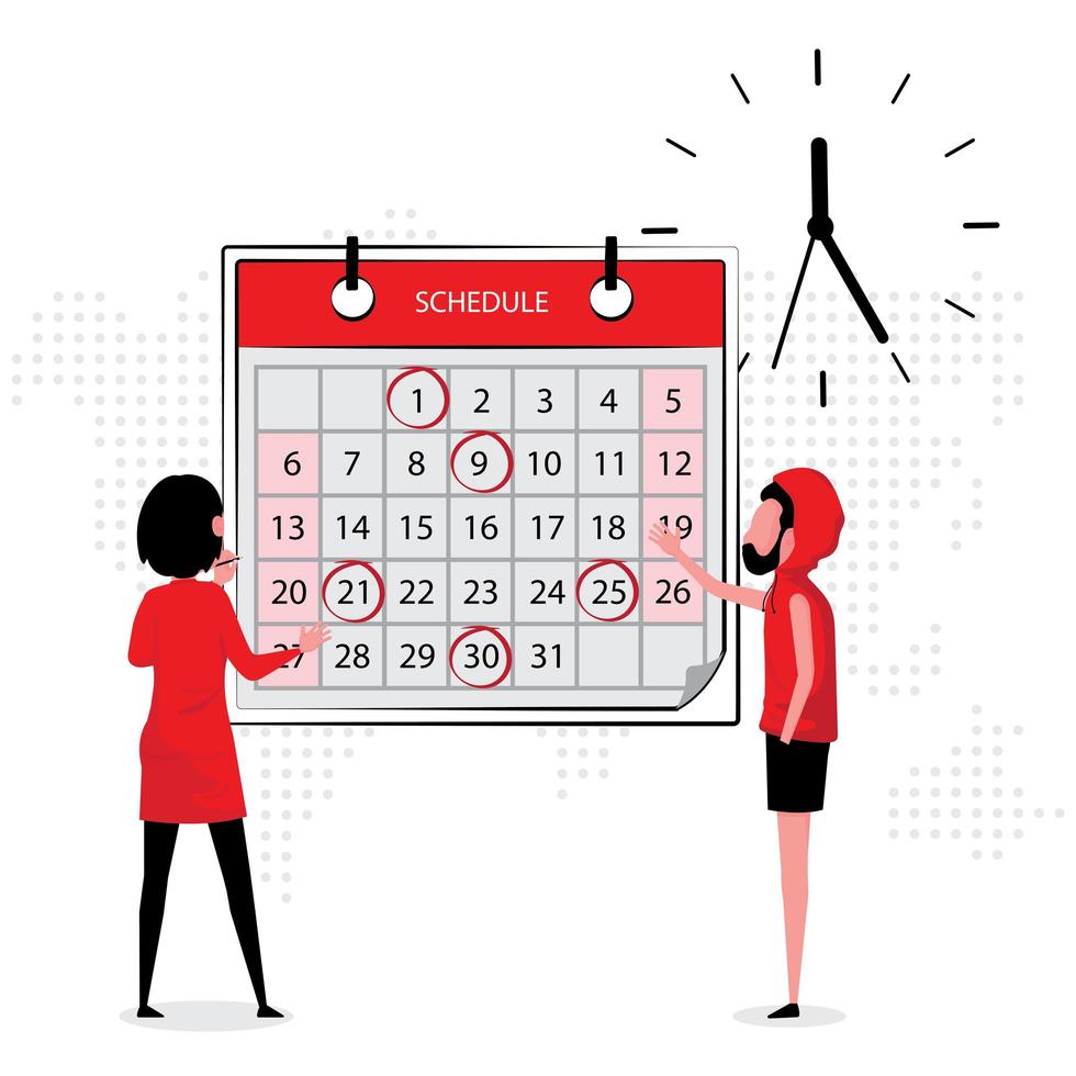 gente hablando sobre el trabajo mientras mira el calendario y el reloj vector