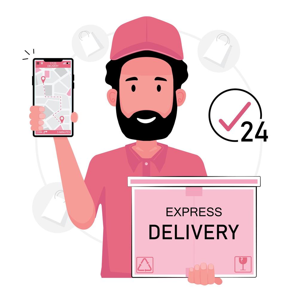 Delivery man holding box and smartphone vector
