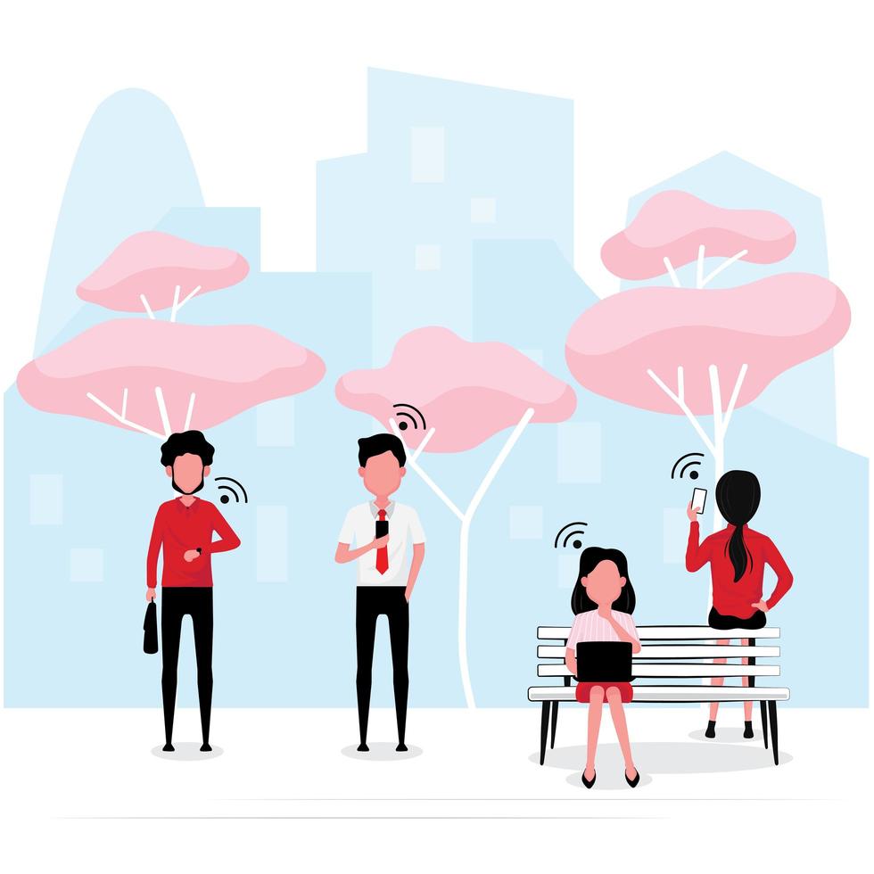 People standing outdoors using devices vector