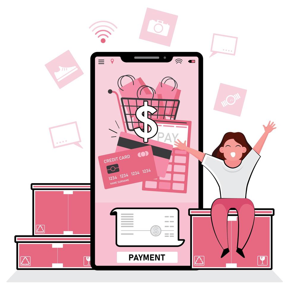 Happy woman making online payment via phone vector