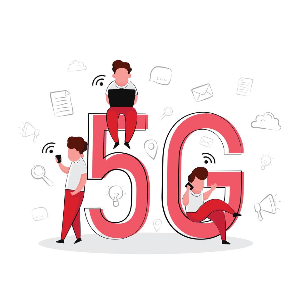 People leaning against and sitting on 5g text vector