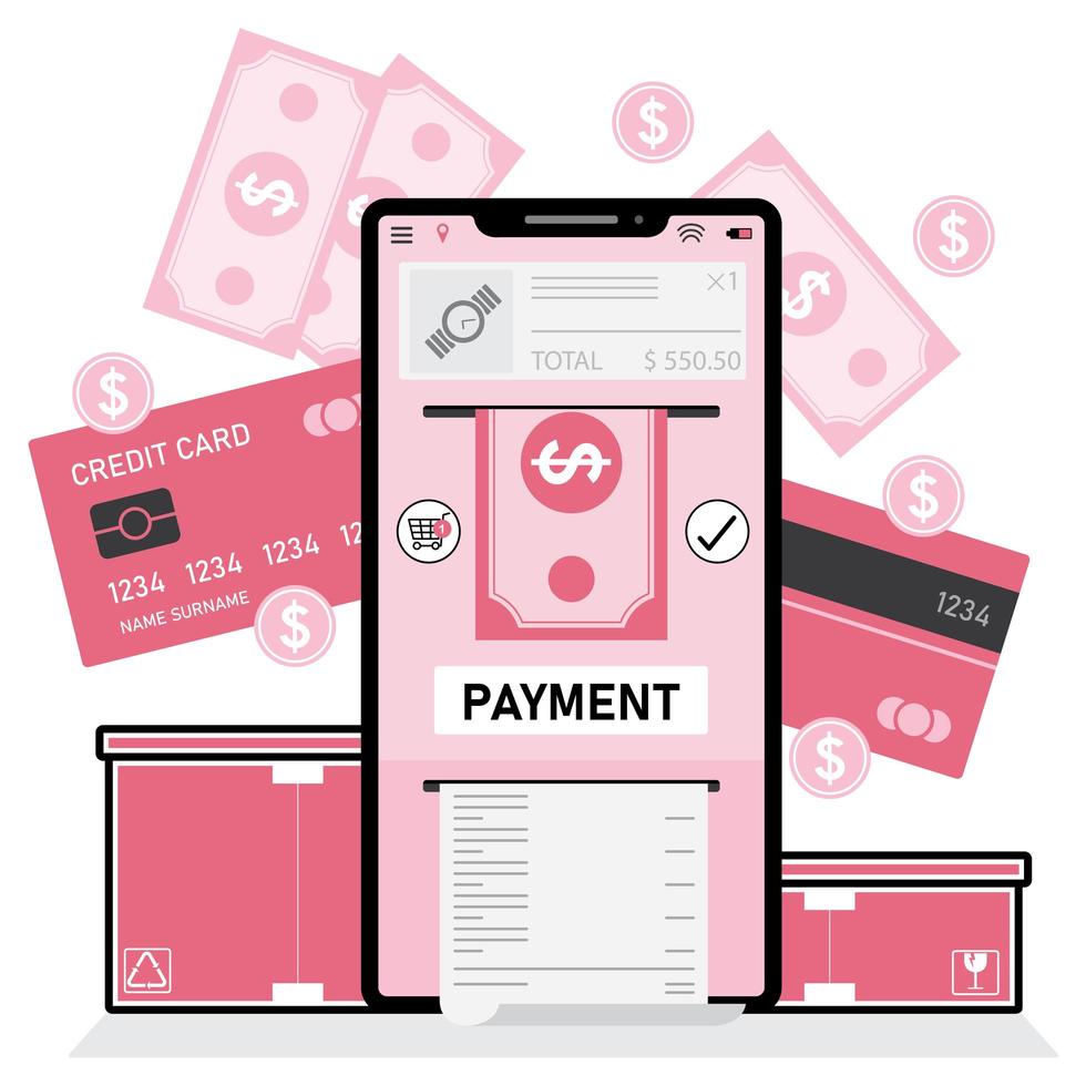 Phone payment concept with credit cards and pink boxes vector