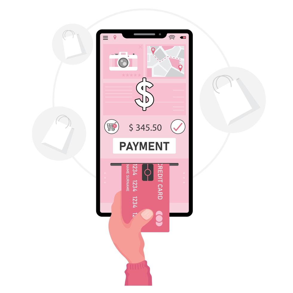 Hand inserting credit card into phone screen vector