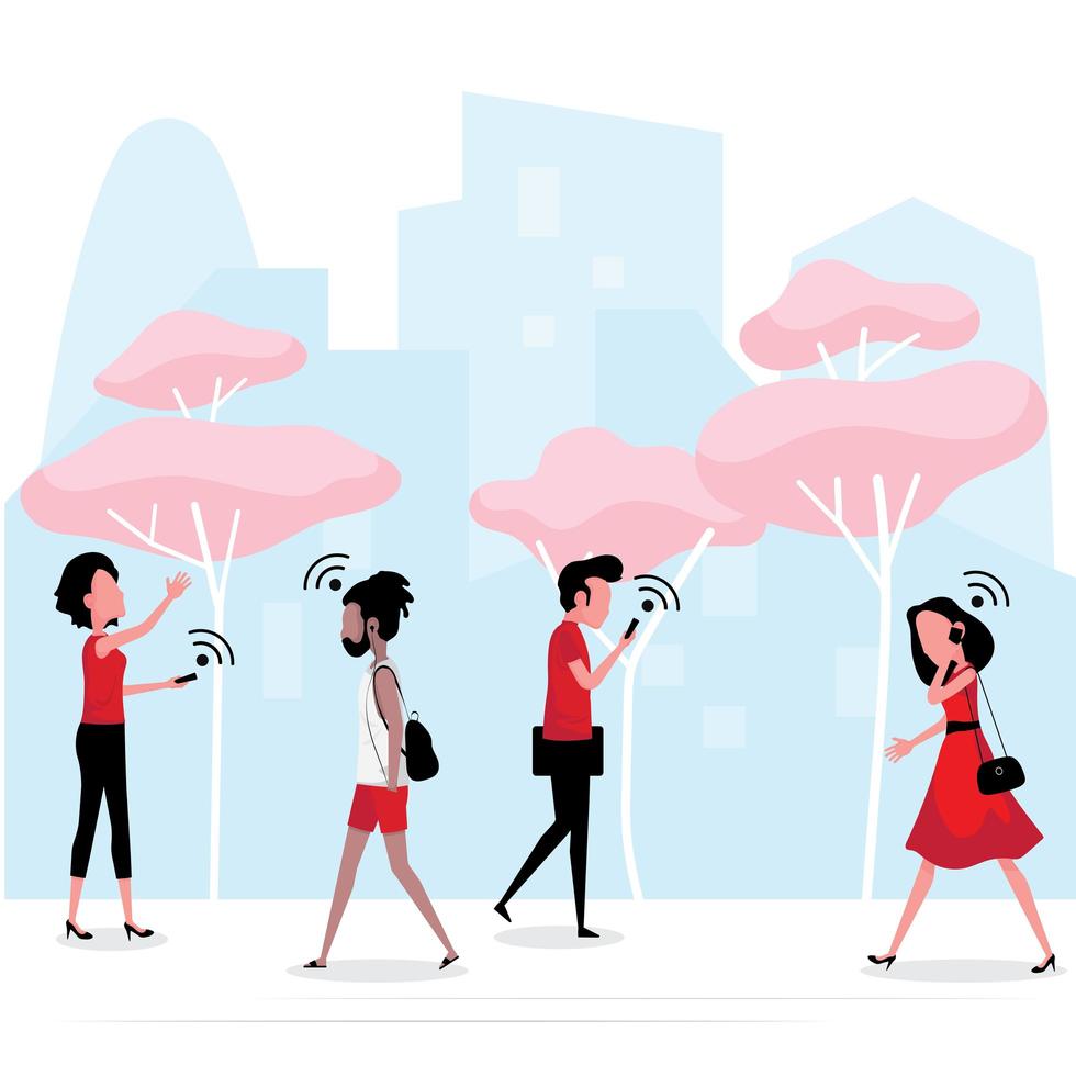 People walking outdoors using devices vector