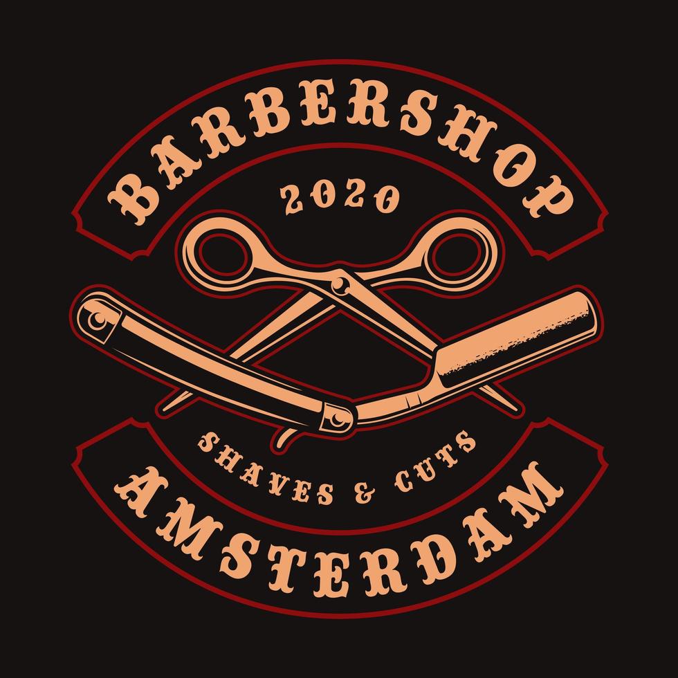 Straight razor and scissors vintage badge for t-shirt vector