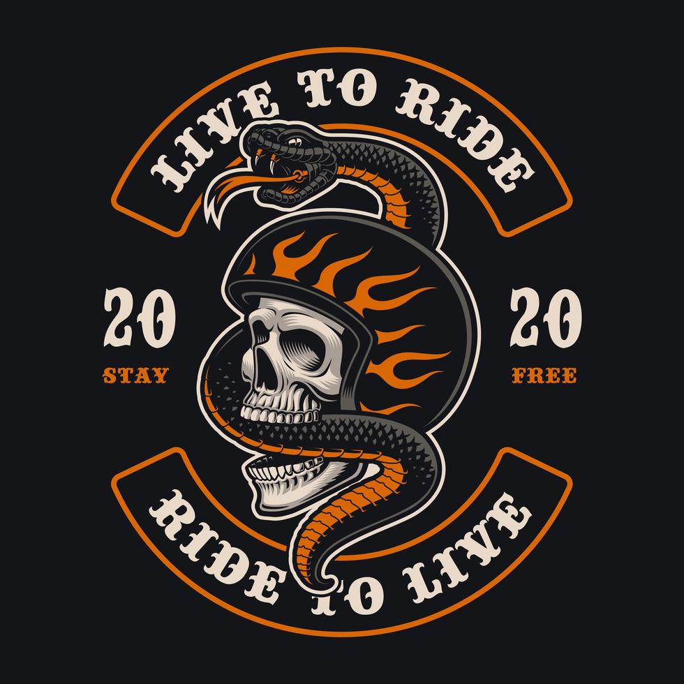 calavera de motociclista con emblema de serpiente para camiseta vector