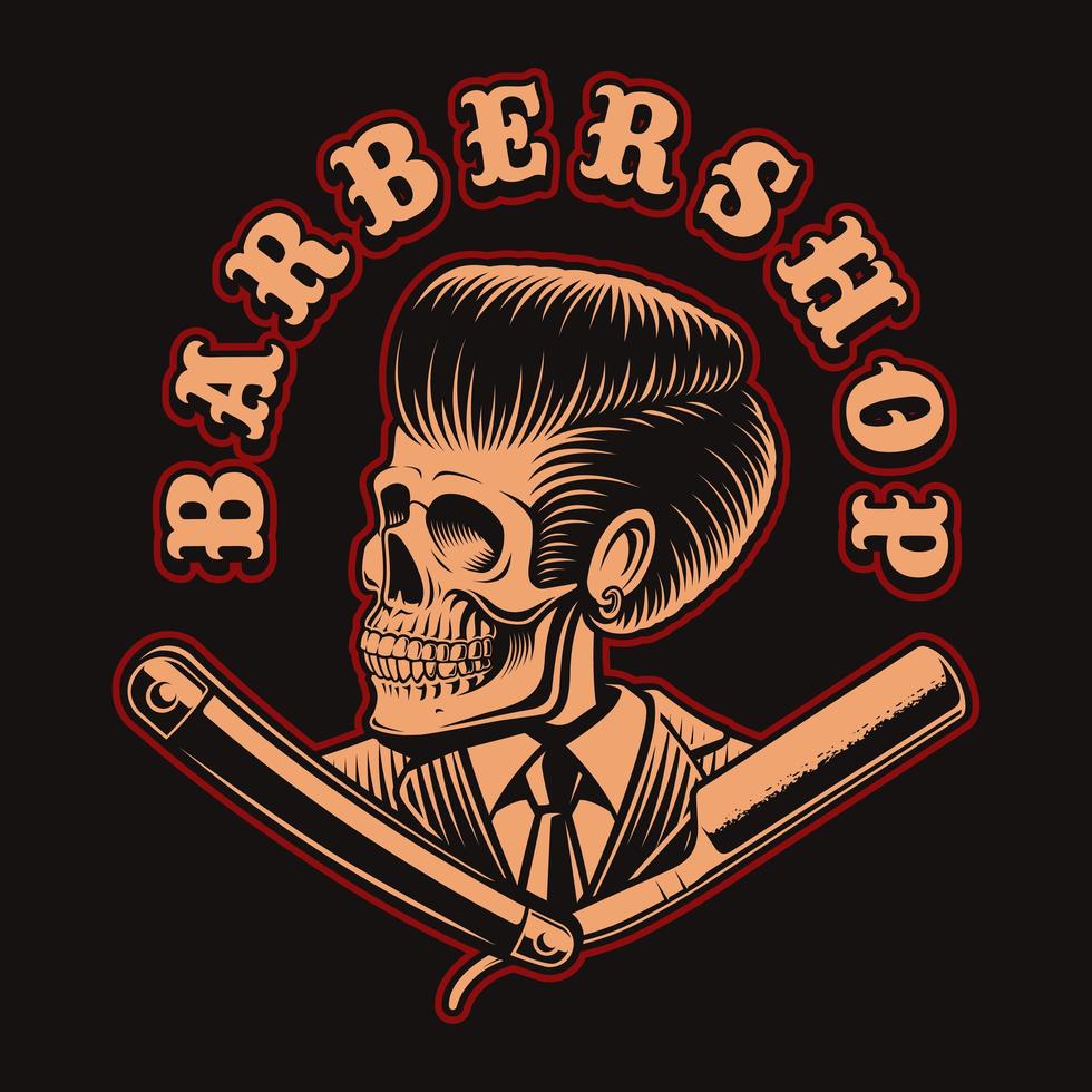 Skull with a barber straight razor for t-shirt vector