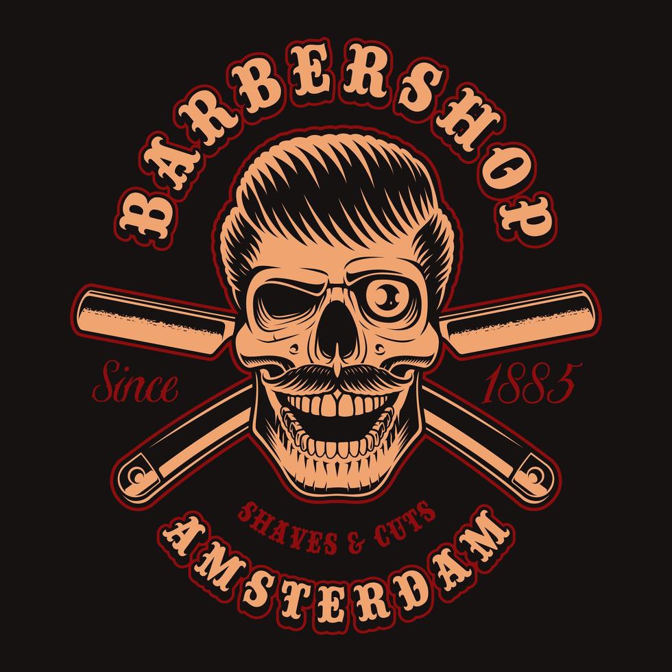 Vintage barber skull with crossed razors for t-shirt vector