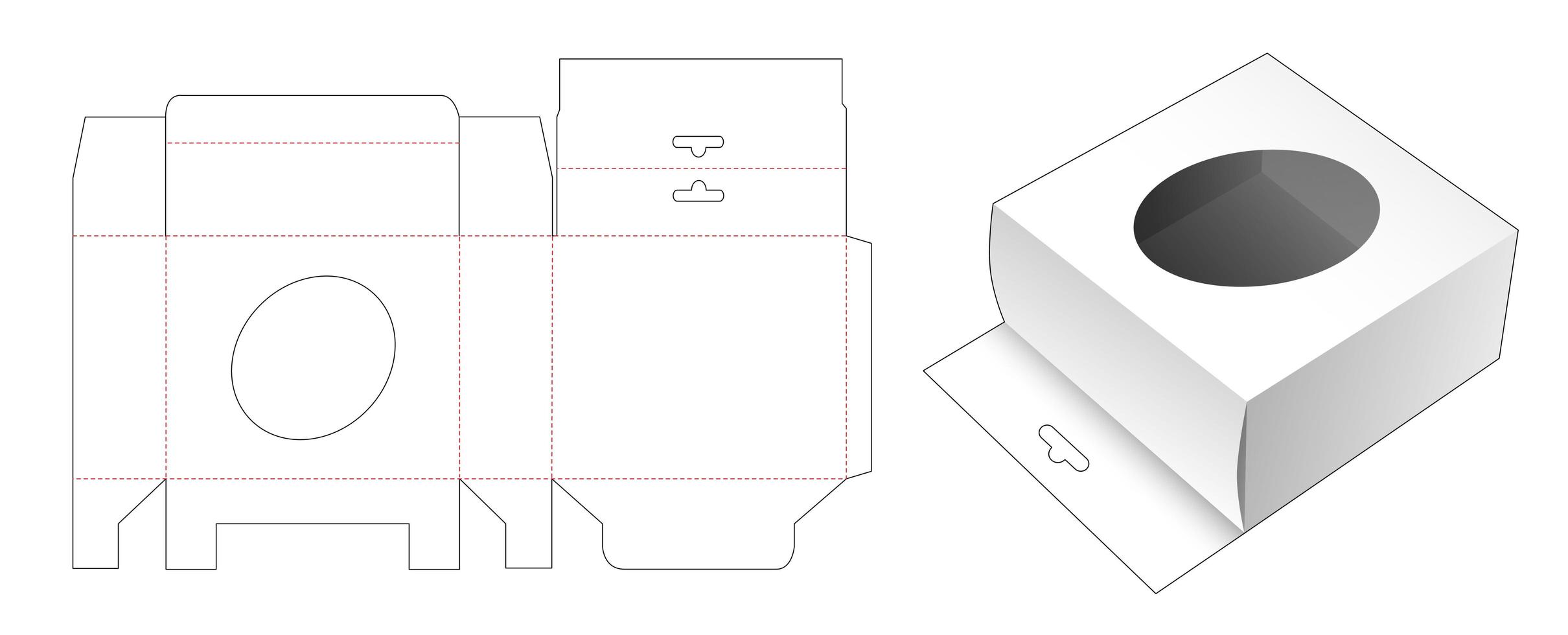 caja de embalaje con orificio para colgar y ventana elipse vector