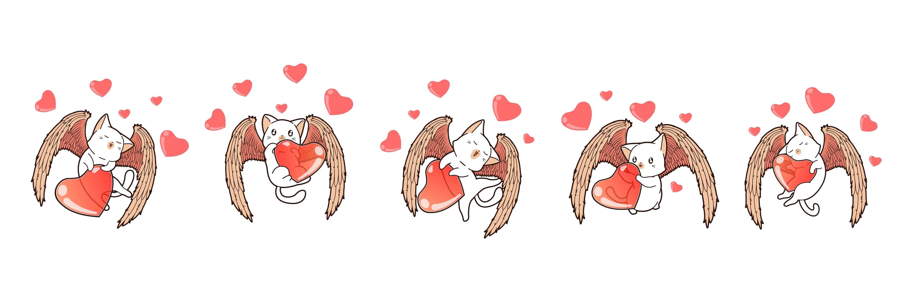 5 different adorable cupid cats vector