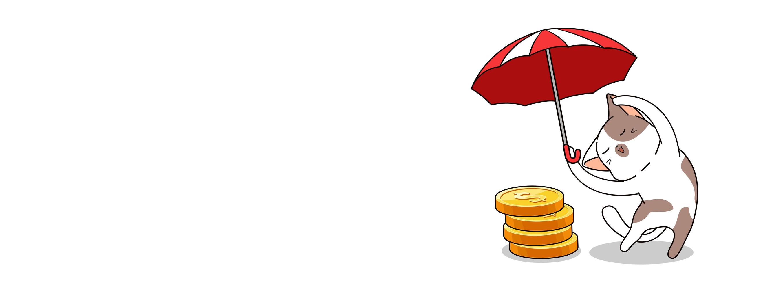 Cute cat with umbrella over coin stack vector