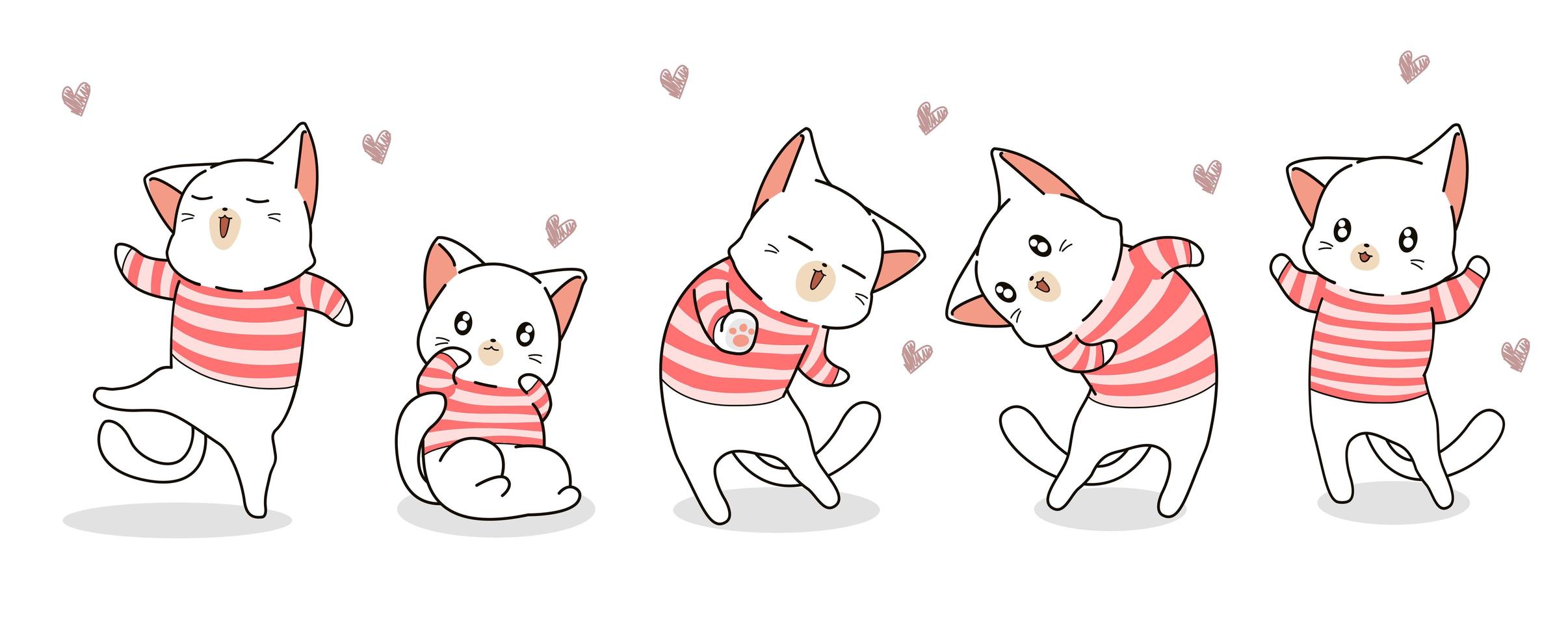 5 cats in striped shirts with hearts vector