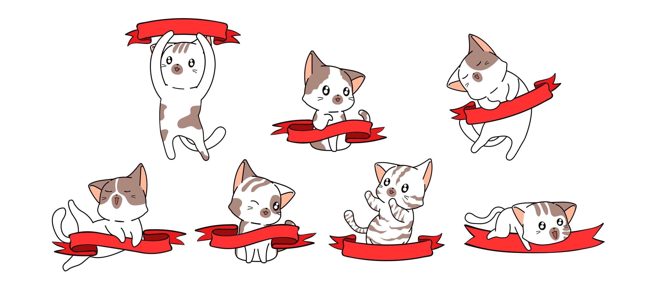 7 kawaii cats with red banners vector