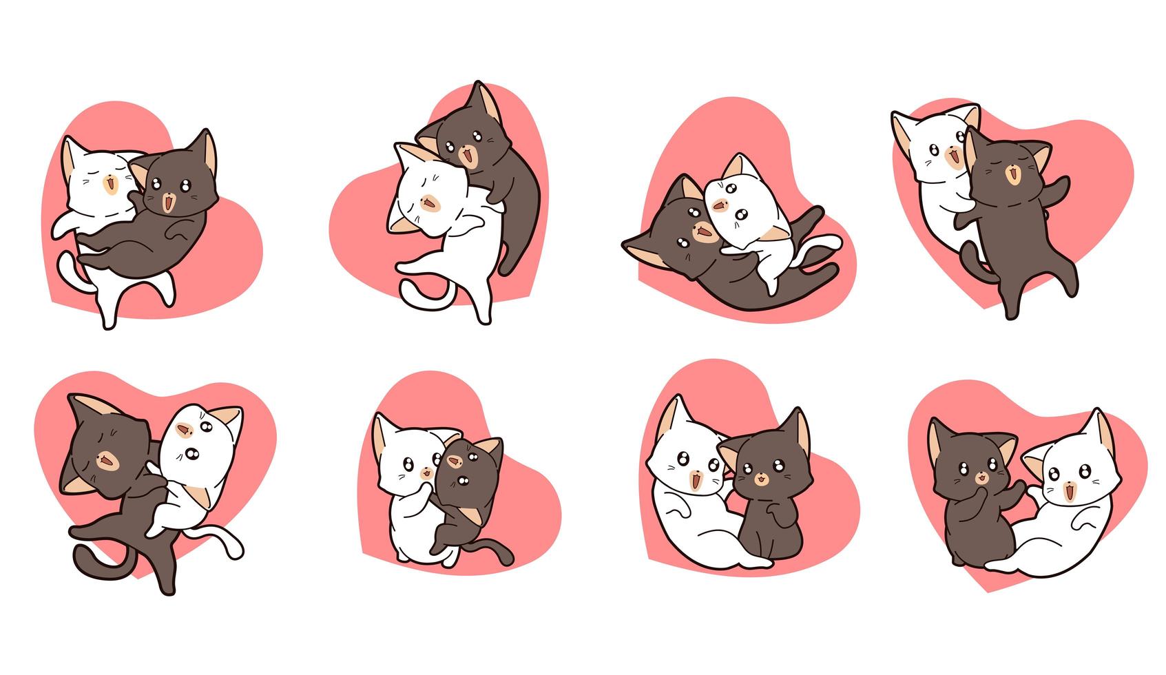 8 diferentes parejas de gatos adorables en corazones vector