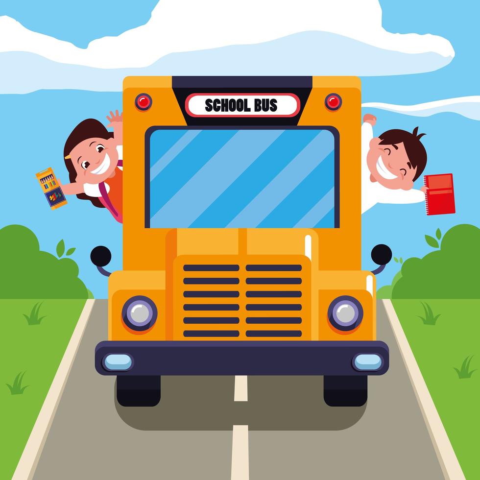 Cute students in the school bus vector