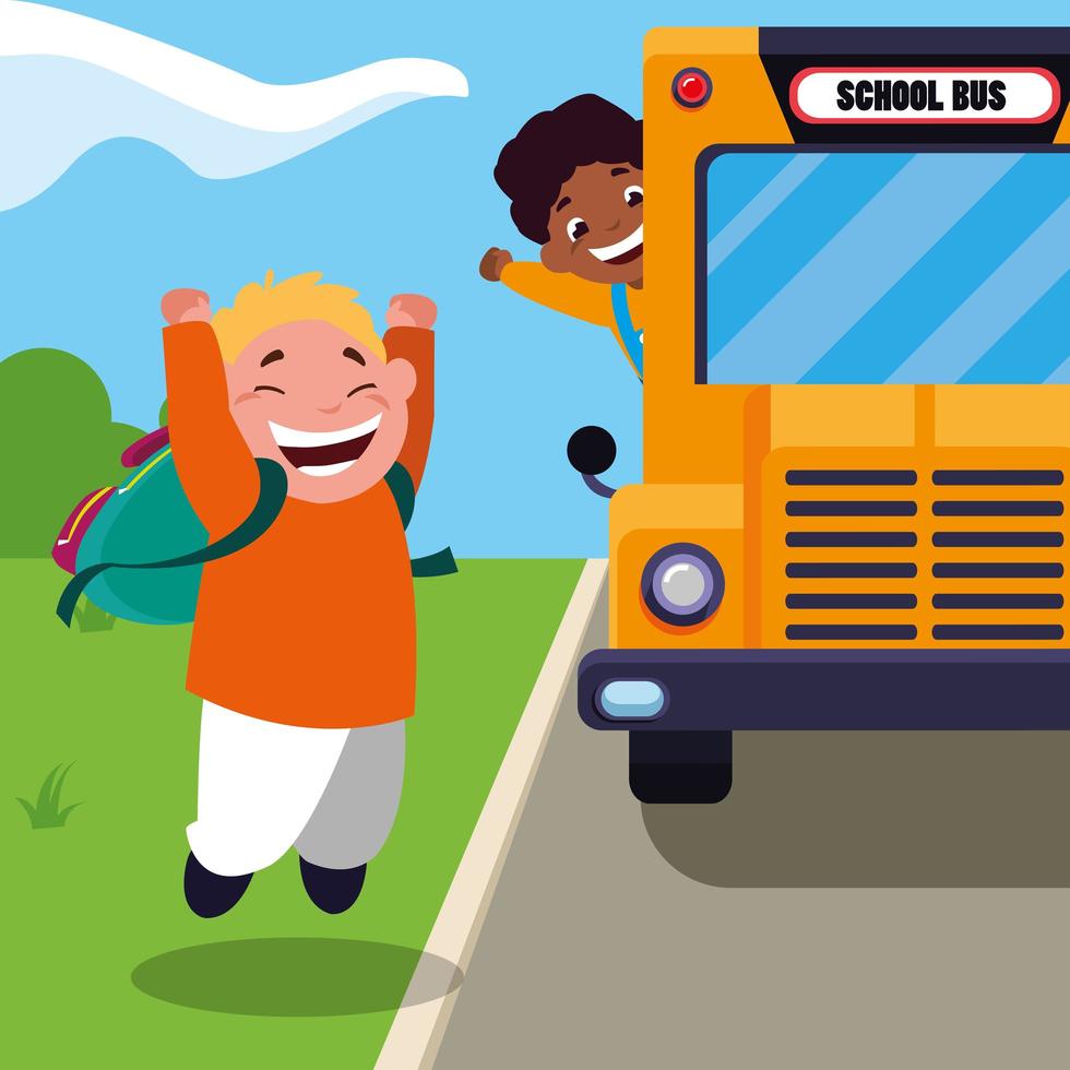 Joyful students in the school bus scene vector