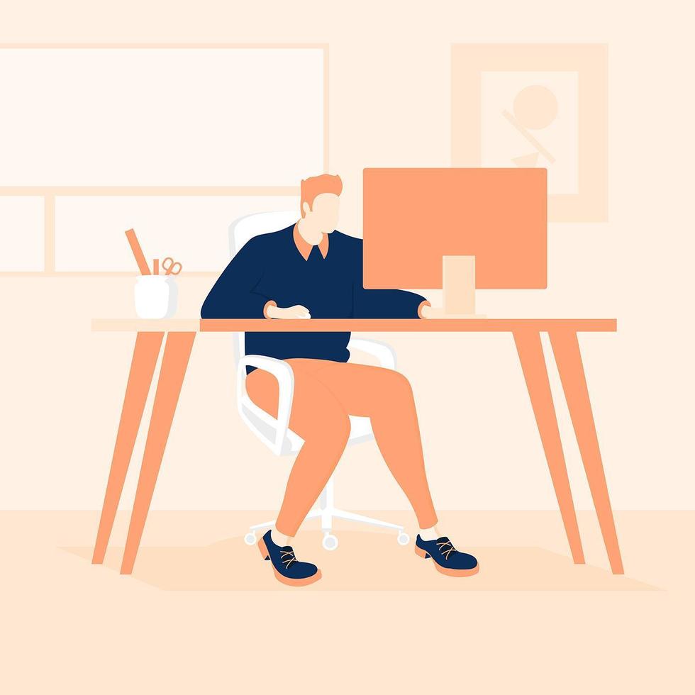 Working at desk flat design poster  vector