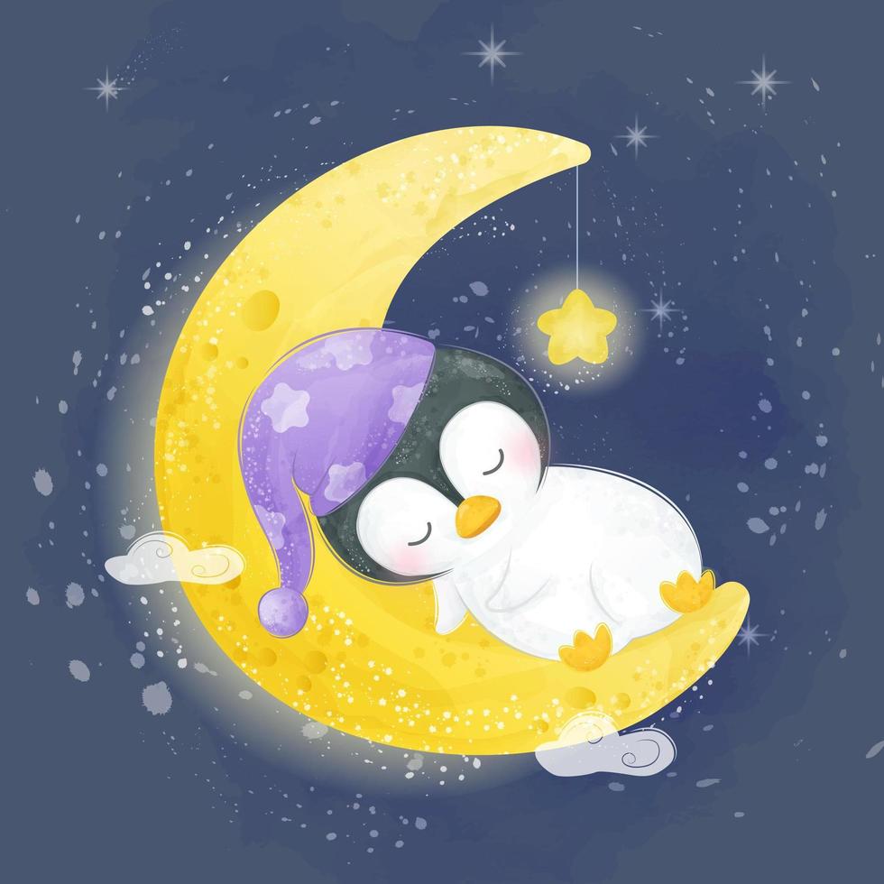 lindo pingüino durmiendo en la luna en estilo acuarela vector