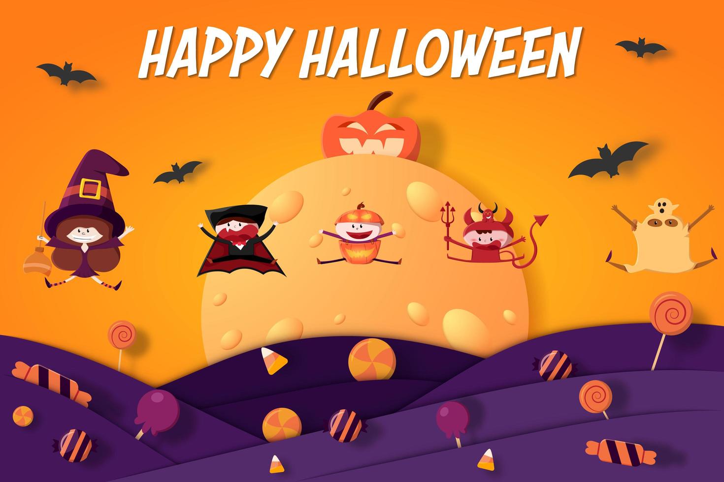 Group of happy jumping kids in Halloween costumes vector