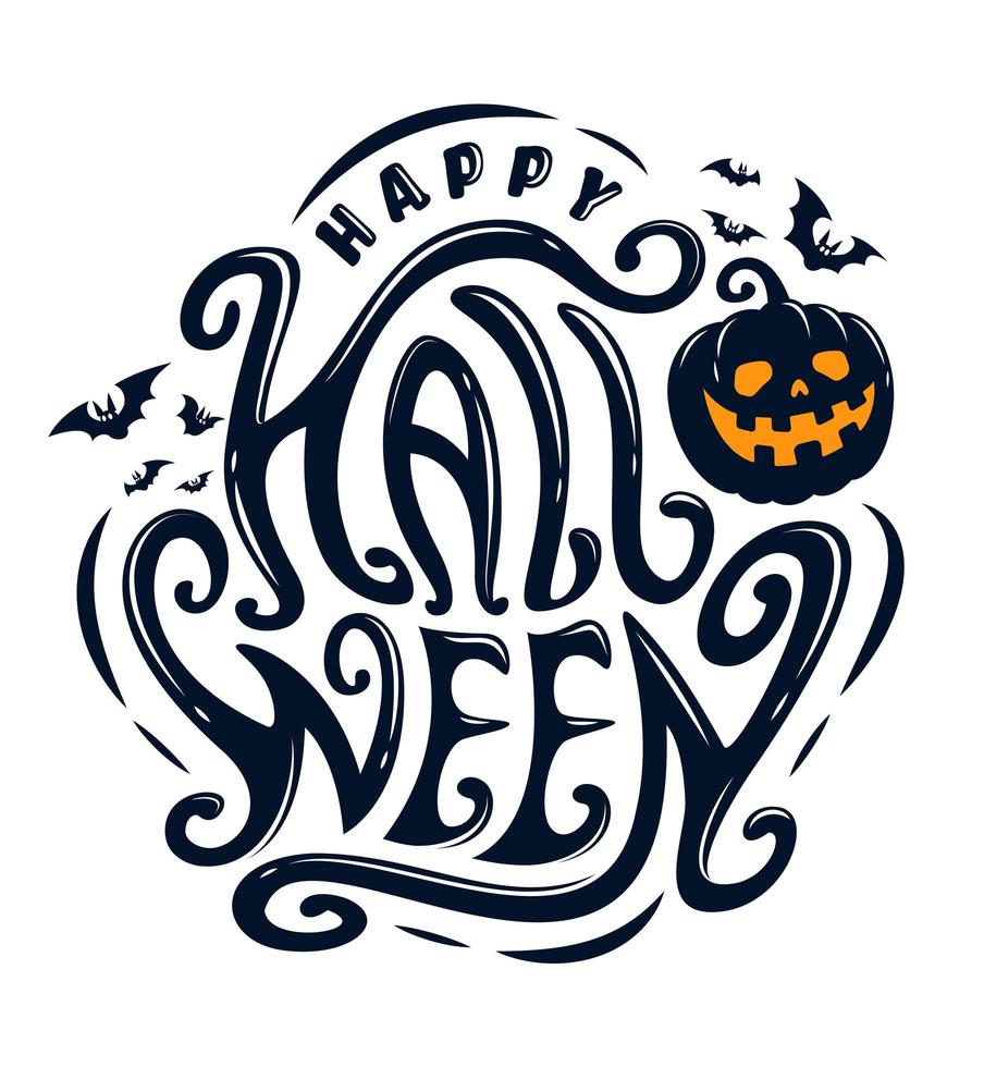 feliz halloween texto con curvas con murciélagos y calabaza vector