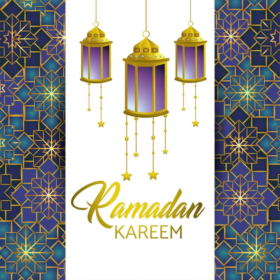 tarjeta de felicitación de Ramadán con lámparas y estrellas vector