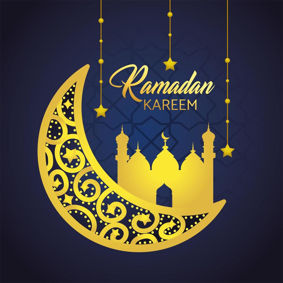 tarjeta de felicitación de Ramadán con luna y mezquita vector