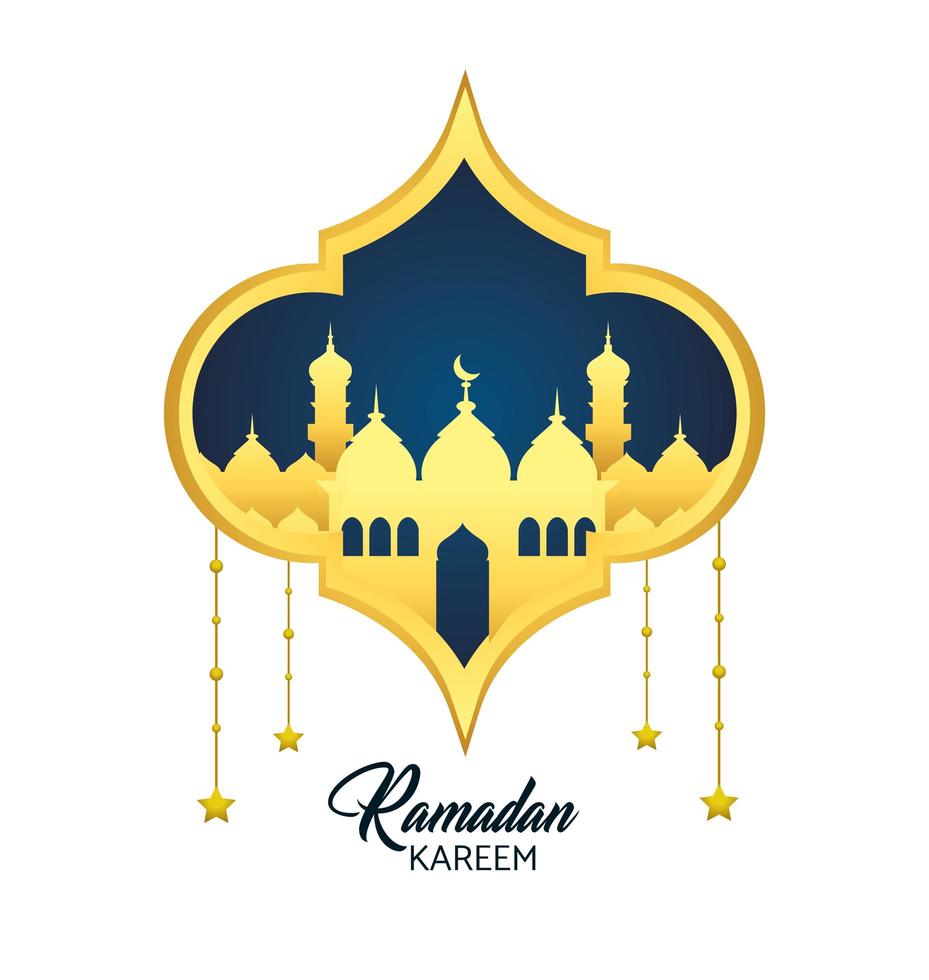 tarjeta de felicitación de Ramadán con mezquita y estrellas colgantes vector