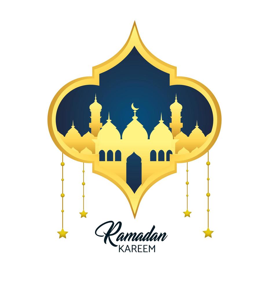 Ramadan greeting card with mosque and hanging stars  vector