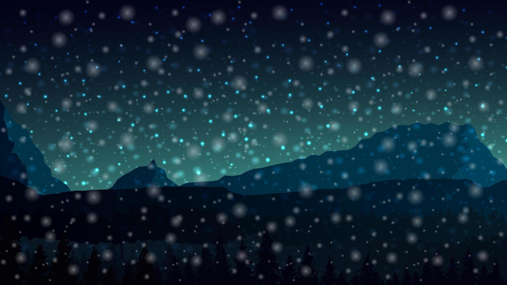 Night landscape with mountains on the horizon and snowflakes vector