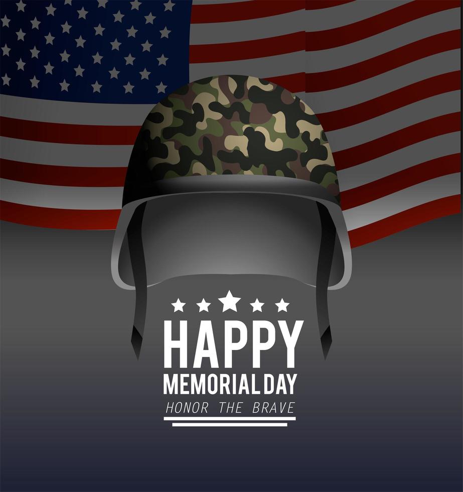 Memorial day greeting card with military helmet and flag vector