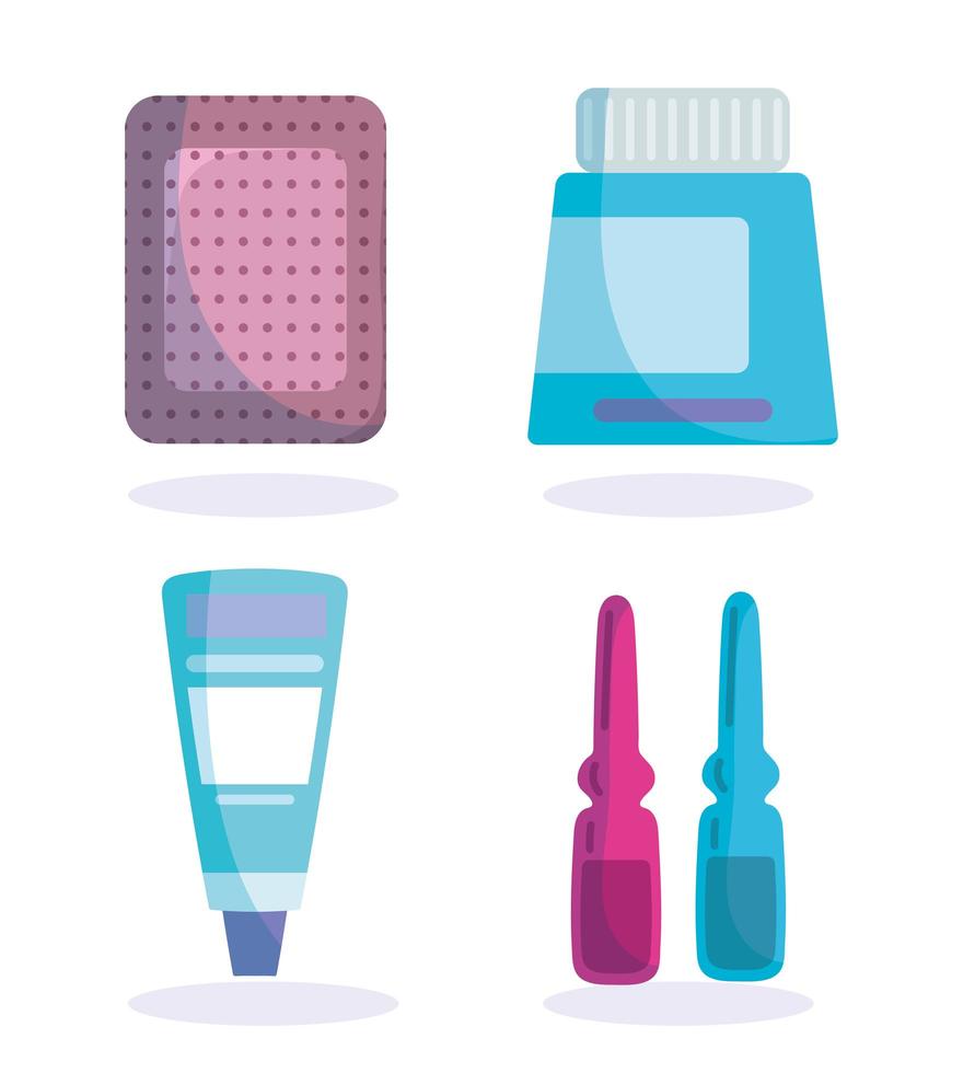 Bandage, ampoules and cream icon set vector