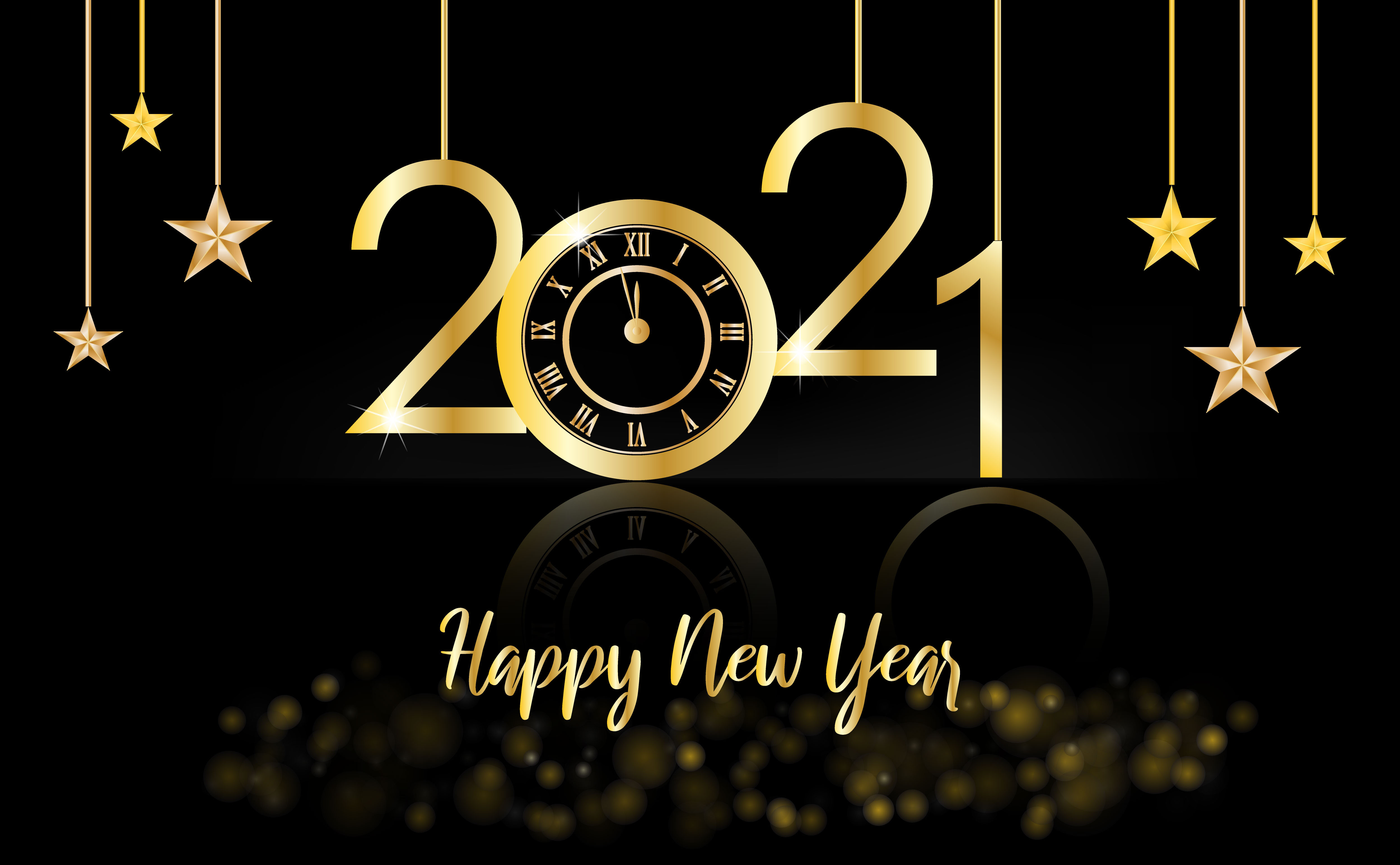 Happy New Year, 2021 gold and black background with a clock and stars