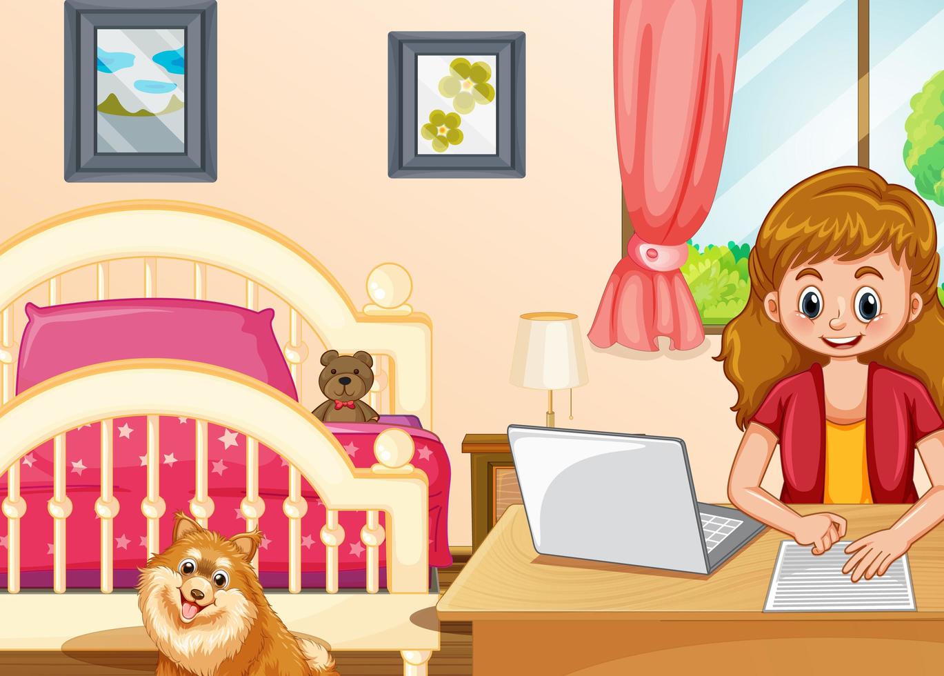 Girl working on computer in bedroom vector