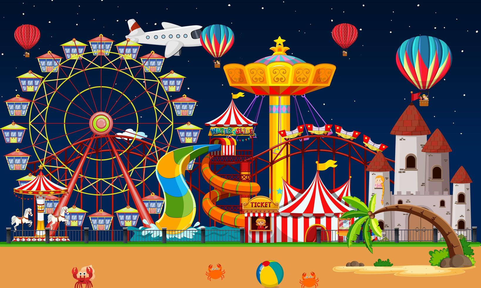 Amusement park scene at night  vector