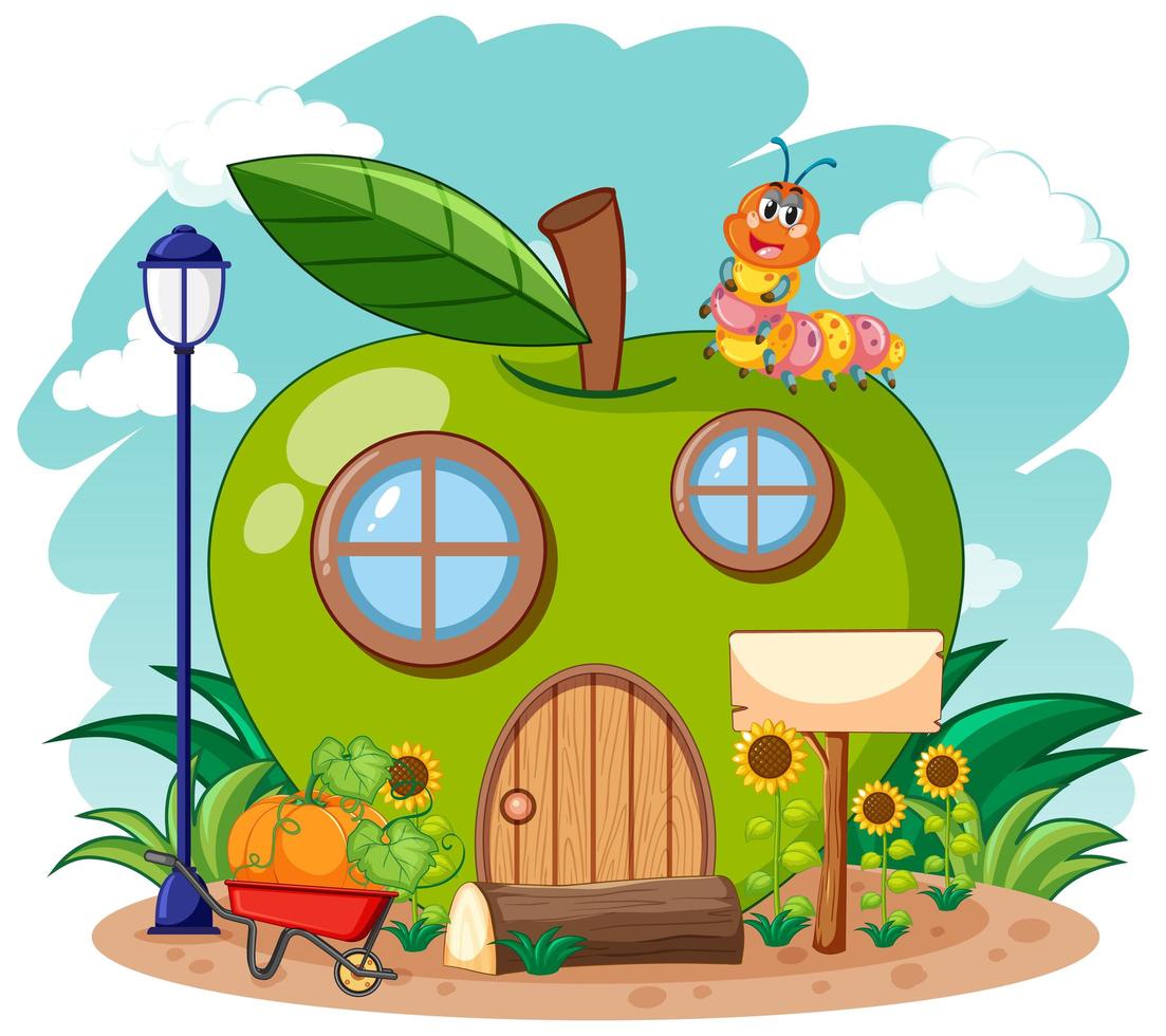 Green apple house and cute worm  vector